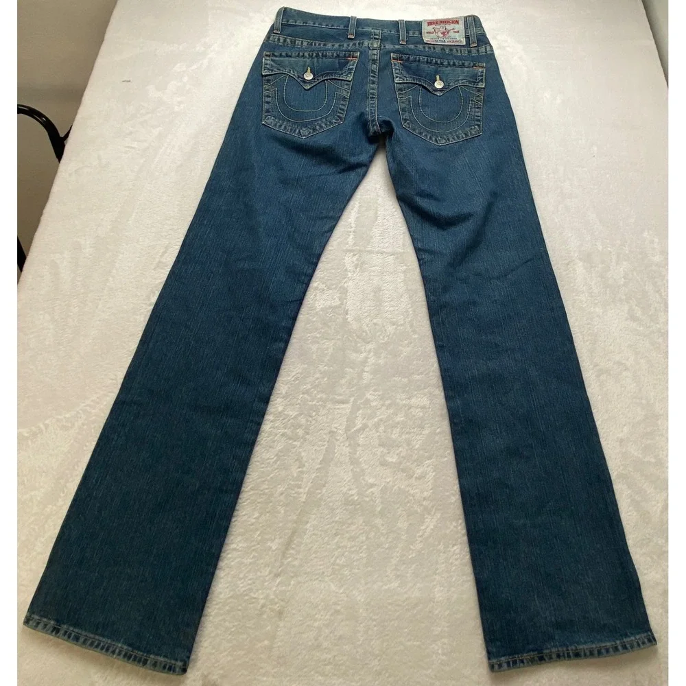 True Religion Nathan Straight Leg Jeans Mens 34x34 Blue Denim Made in USA Button